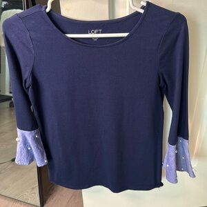 Loft blue top with beads on sleeves. Xxsp. 95% cotton. 5% spandex.